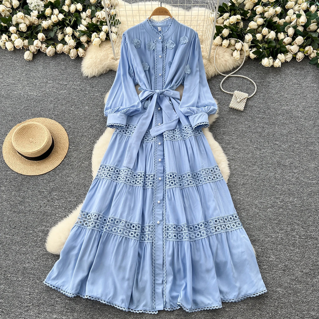Spring Roman Tunic Casual Midi Dress For Women Empire 3D Patchwork Lace Dress