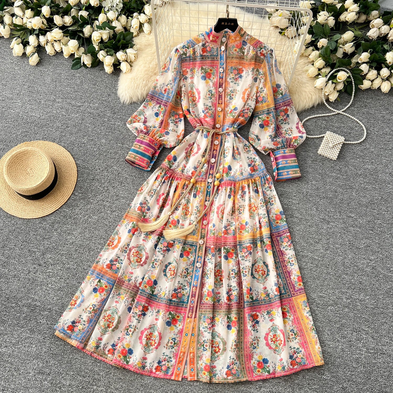 2025 Spring American Style Stand Collar Tunic Pleated Midi Dress For Women Lantern Sleeve Empire Printed Lace Dress