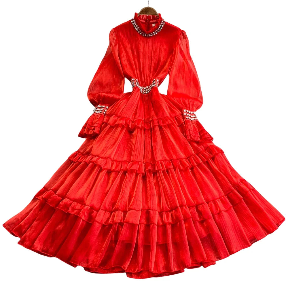 Summer Sweet Stand Collar Ruffle Midi Dress For Women Empire Diamonds Lace Vestidos