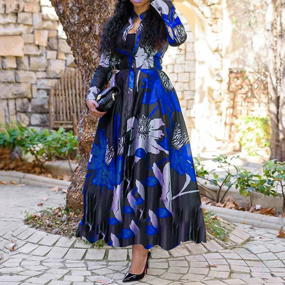 YQY2017 Trendy Summer Dresses Women Casual Long Sleeve A-line Floral Printed Maxi Dress Ladies Office Dresses for Women