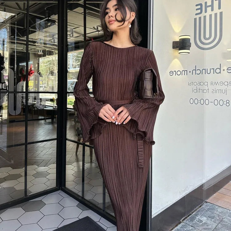 Enyami Boutique Elegance Fall Winter Flare Sleeve Pleated Lace-up Basic Robe Plisse Casual Elegant Chic Women Dress