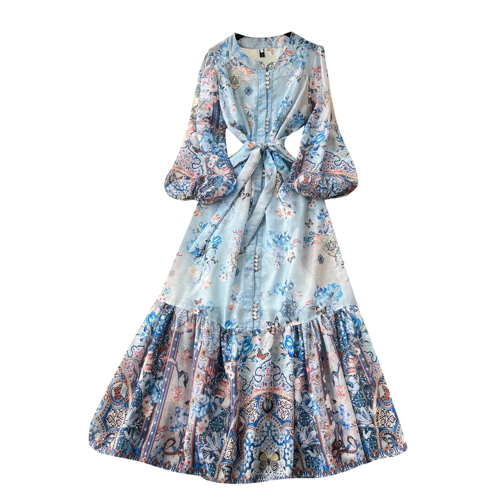 2025 Spring Roman Tunic Slim Bandage Casual Midi Dress For Women Lantern Sleeve Empire Printed Ruffled Lace Dress
