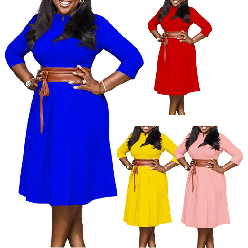Belted Solid Elegant Autumn Dress