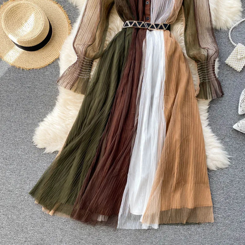 New Arrival Summer Sexy Women's Hit Color Dresses Bohemian Casual Slim A-Line Beach Maxi Dress Mesh Vestidos With Belt