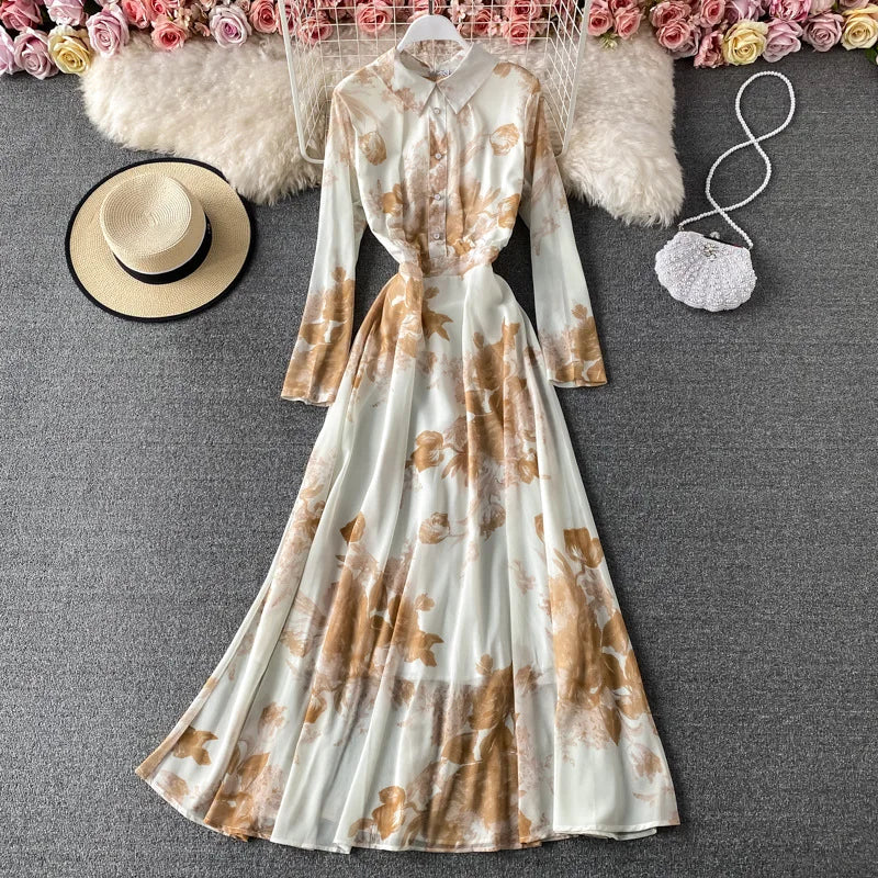 Elegant Big Swing Dress Spring Retro Ink Painting Print Temperament Slim Long Skirt Maxi Dress