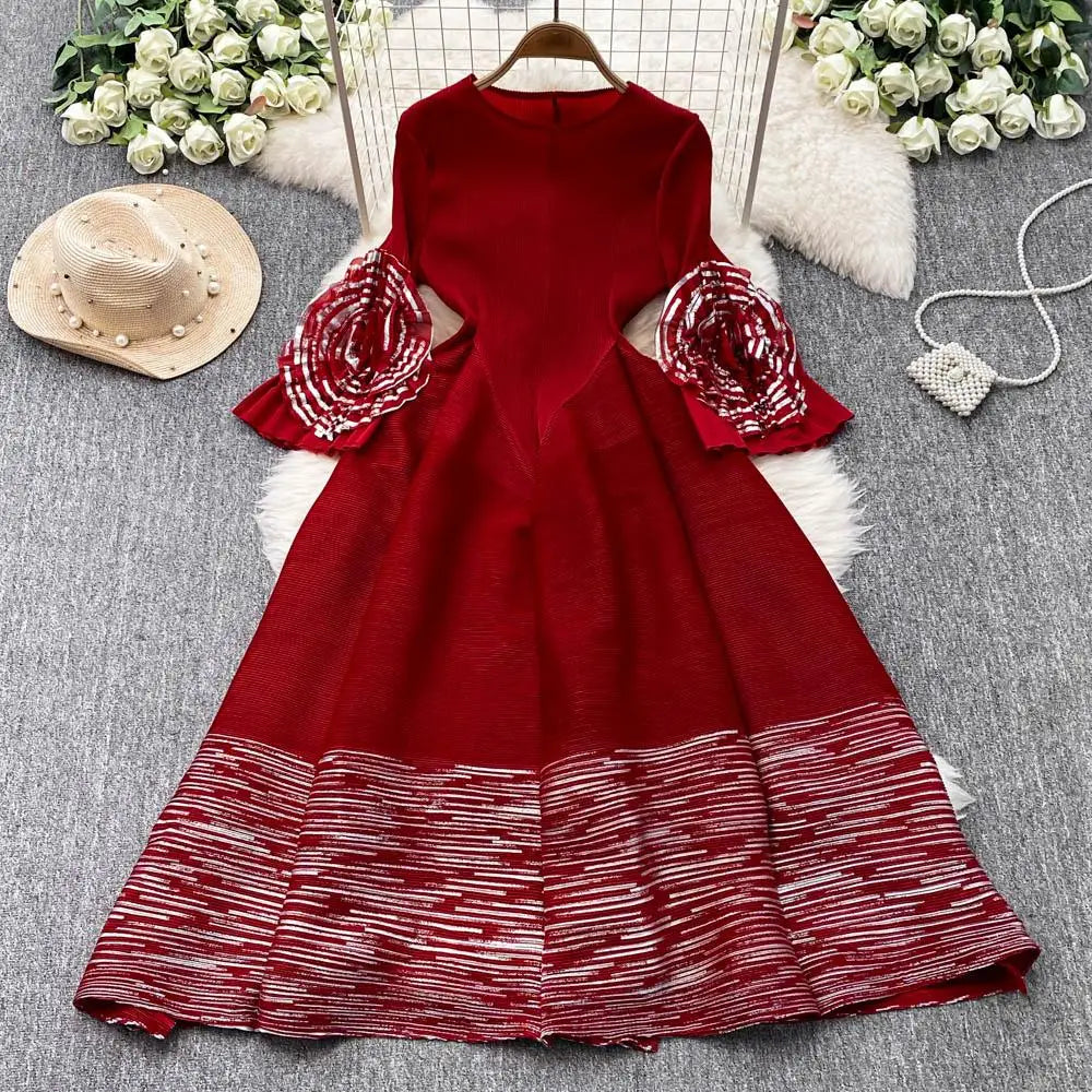 O-Neck Pleated Midi Dress For Women Flare Sleeve Empire Lace Vestidos