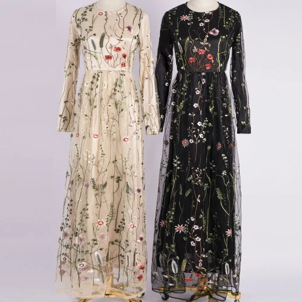 Latest Design Embroidery Flowers Long Sleeves Abaya Fashion Muslim Women Dress