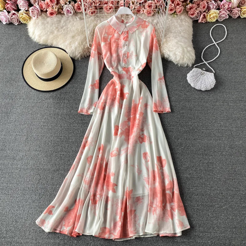 Elegant Big Swing Dress Spring Retro Ink Painting Print Temperament Slim Long Skirt Maxi Dress