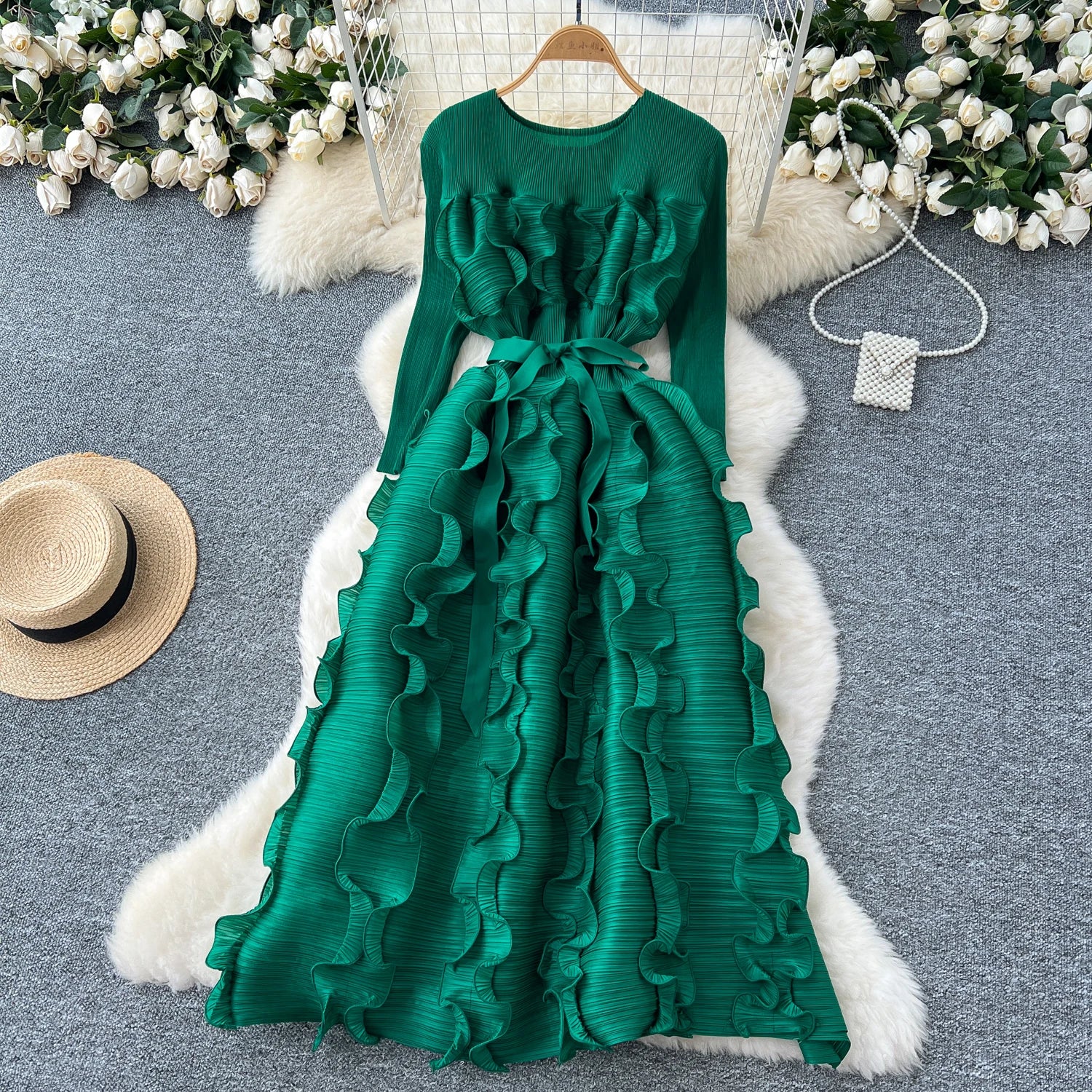 Spring Elegant O-Neck Tunic Slim Bandage Pleated Midi Dress For Women Empire 3D Lace Dress