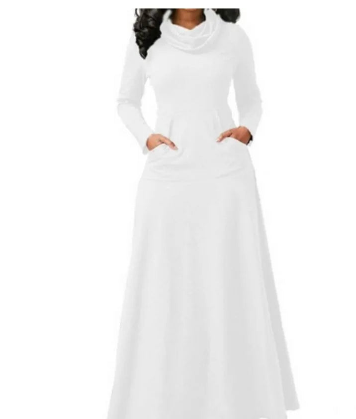 Long Maxi Dress Autumn Winter Warm High Collar Women Long-sleeved Dress Woman Clothing With Pocket