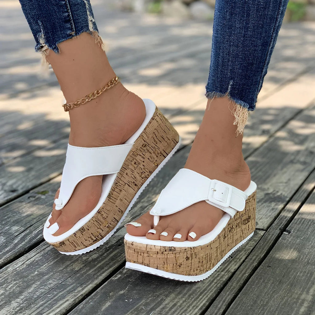 New Arrivals Women's High Heel Sandals Korean Style Flip Flops with Stripe Bottom and Thick Sole Cushioning PVC Eva Material