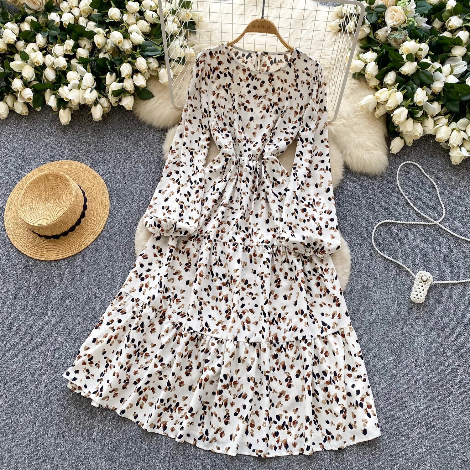 Spring Roman O-Neck Tunic Slim Casual Midi Dress For Women Lantern Sleeve High Elastic Waist Floral Ruffled Lace Dress