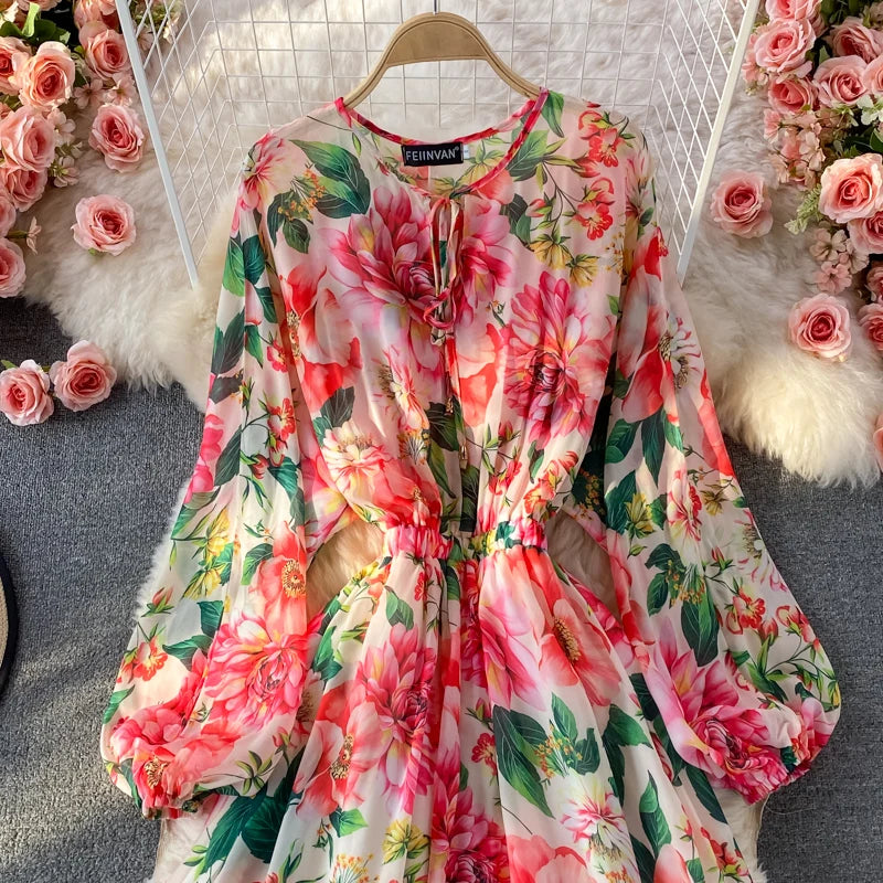 Runway Spring Summer Vacation Dress Women Elegant Bat Sleeve Rose Print Bohemian Lady Chiffon Long Maxi Dress 6637#