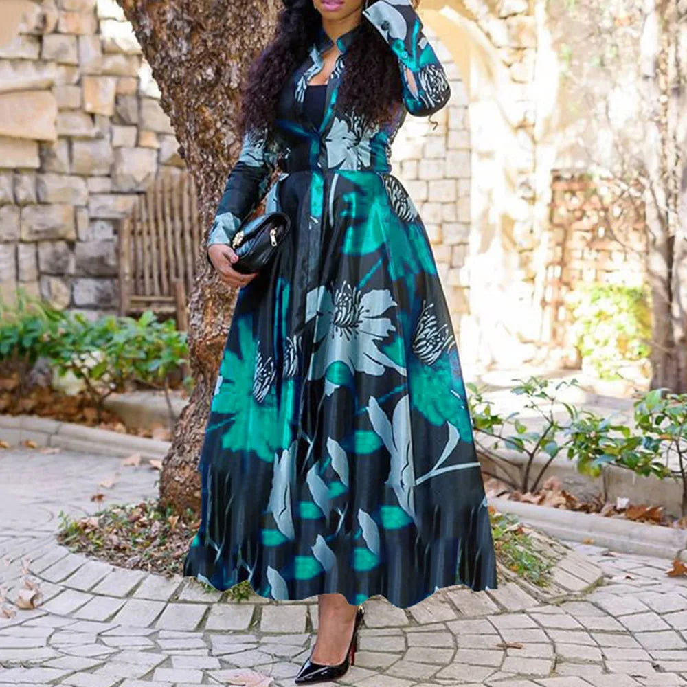 YQY2017 Trendy Summer Dresses Women Casual Long Sleeve A-line Floral Printed Maxi Dress Ladies Office Dresses for Women