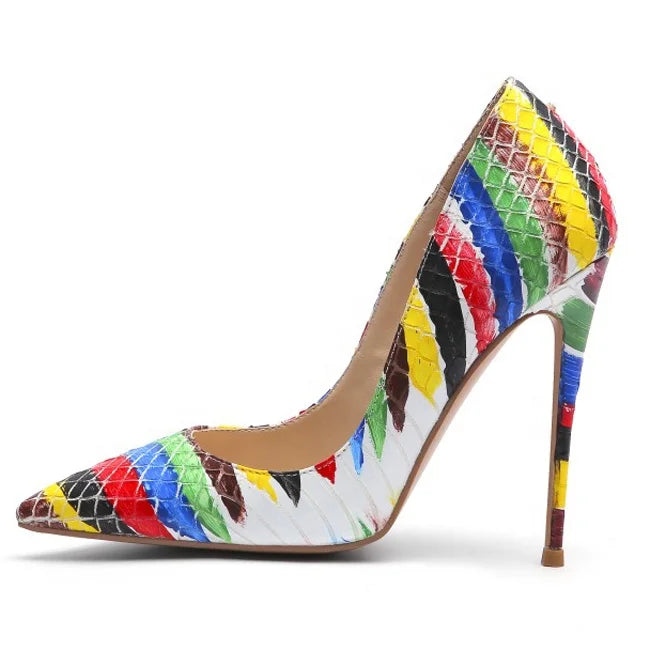 Super High-heeled Women  Shoes Colorful Graffiti Pointed Toe Stiletto Shoes Fashion Night Club Pumps