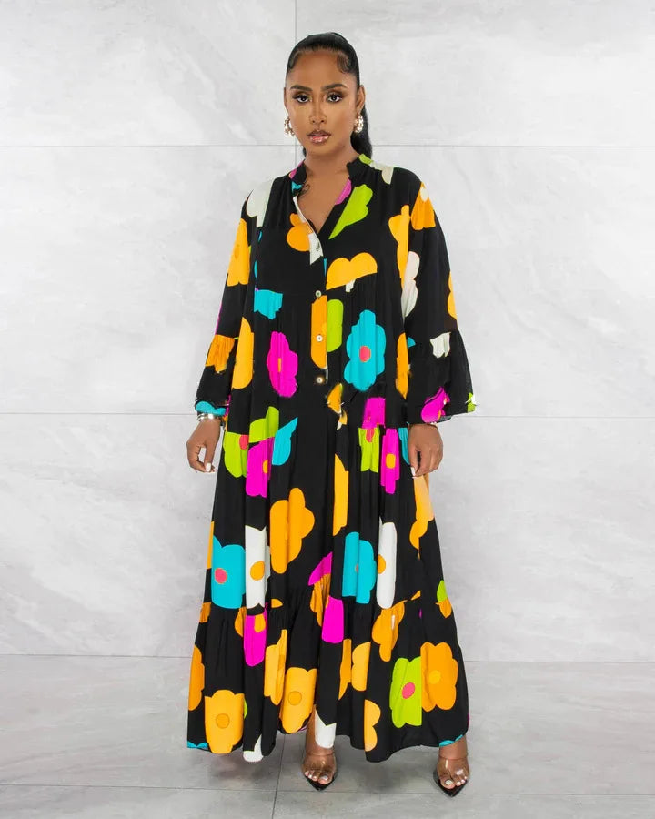 New Arrival Fall Dress Plus Size Floral Print Loose Long Sleeve Maxi Dress for Women