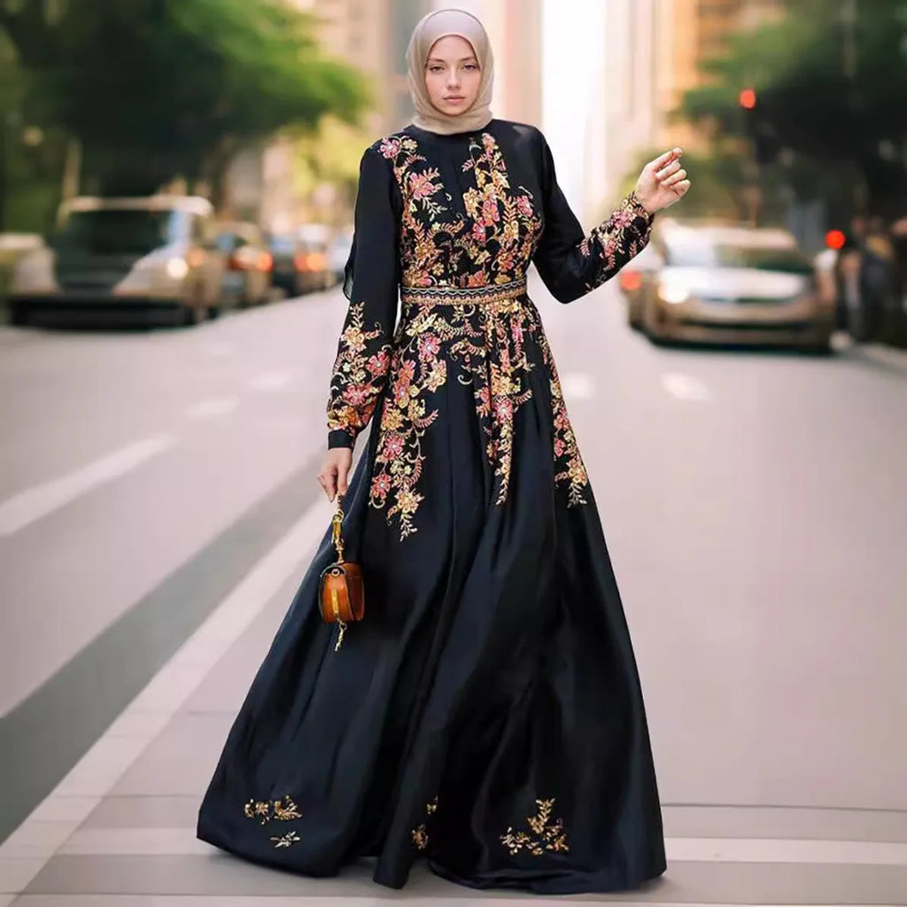 M255# Winter Adults Muslim Women's Black Floral Maxi Dress Polyester Abaya Middle East Long Dress Positioning Flower Design