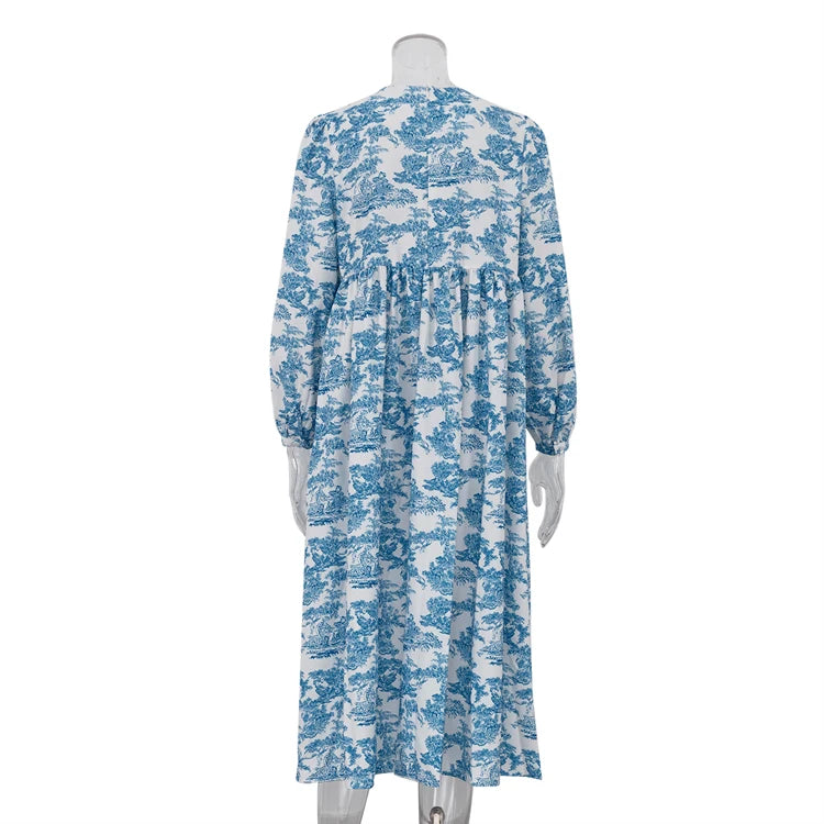 Puff Long Sleeve Buttoned Midi Dress