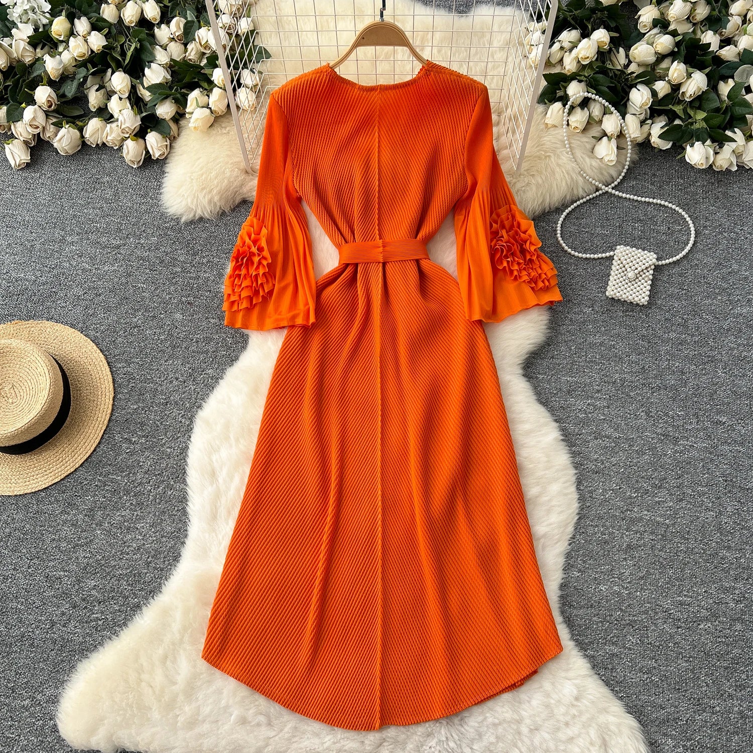 Spring Tunic Bandage Pleated Midi Dress For Women Flare Sleeve Empire 3D Lace Dress
