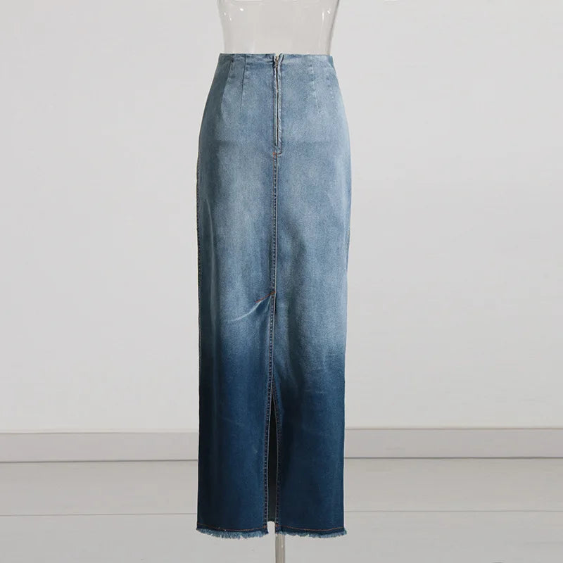 New Unique Streetwear Vintage Fashion Ladies Skirts Casual Color Block Gradient Washed Denim Jean Long Maxi Skirt Women'S Skirts