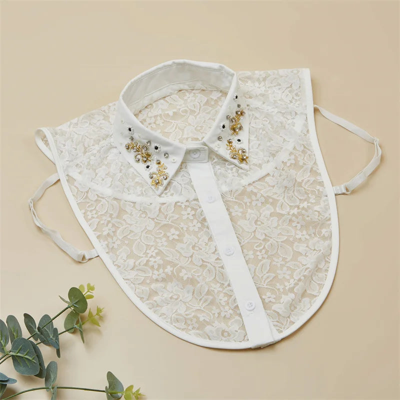LHY Elegant Detachable Lace Shirt Collar Women Fake Collar Fashion Embroidery Ruffles Chiffon Beaded Crystal Floral Design
