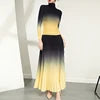 Fast Delivery Clothing Pleat Printed Gradient Color Women 2 Pieces Set Long-sleeve Shirt and Printed Long Pleated Skirt Set