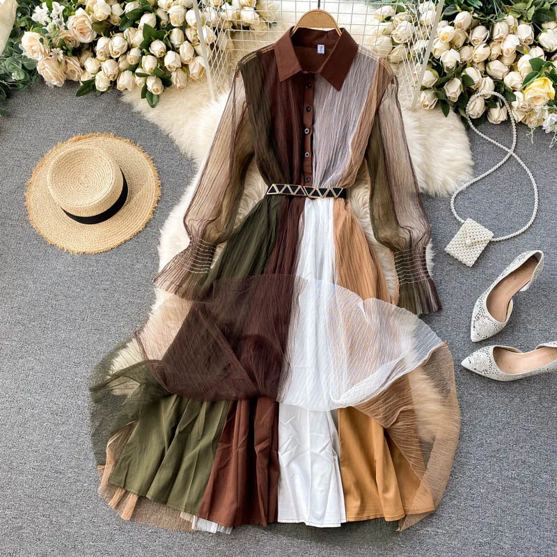 New Arrival Summer Sexy Women's Hit Color Dresses Bohemian Casual Slim A-Line Beach Maxi Dress Mesh Vestidos With Belt