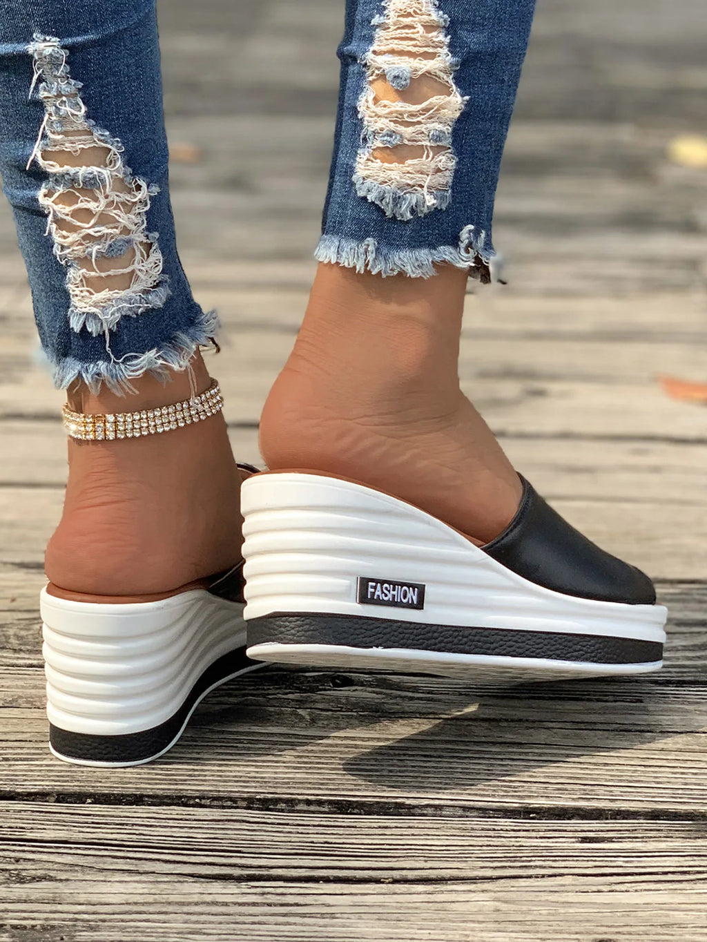 Summer Women Fashion Solid Color Slippers Slope Heel PU Leather Thick High Heel Sandals Shoes Straight Shaped Casual Slippers