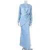 Enyami Fashion Women's 2 Pieces Satin Full Length Ladies Elegant Women Abaya Dubai O Neck Long Sleeve Maxi Skirt Set
