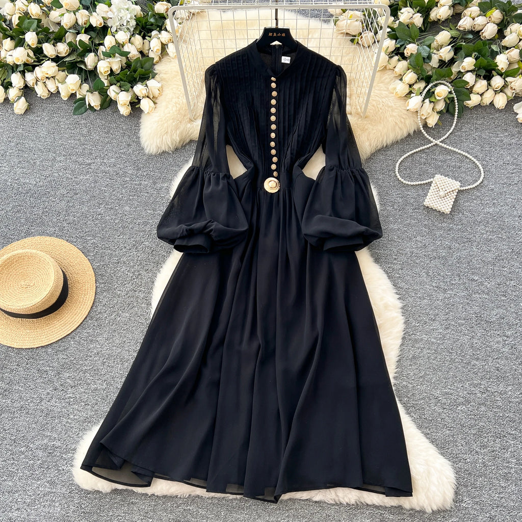 2025 Spring Roman Tunic Slim Casual Midi Dress For Women Lantern Sleeve Empire Lace Dress