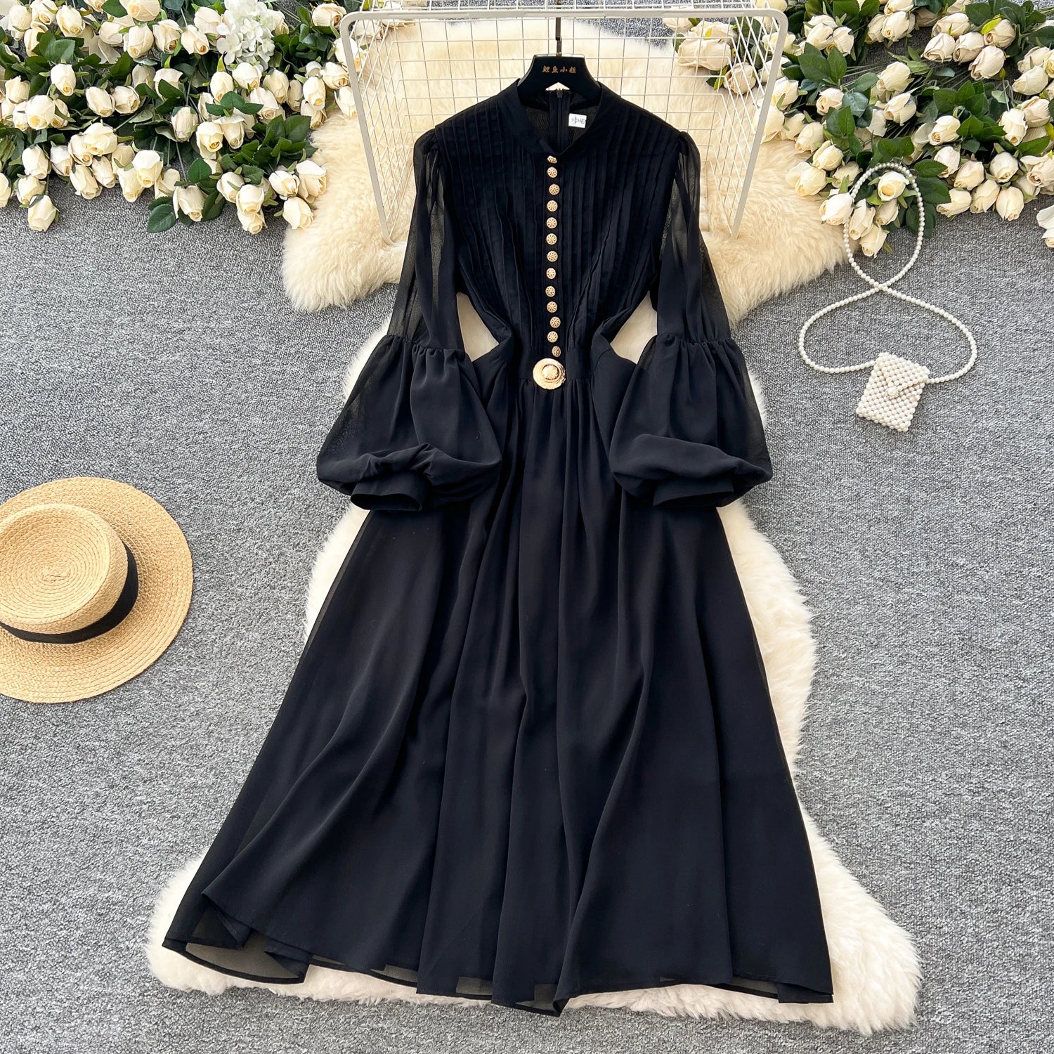 2025 Spring Roman Tunic Slim Casual Midi Dress For Women Lantern Sleeve Empire Lace Dress
