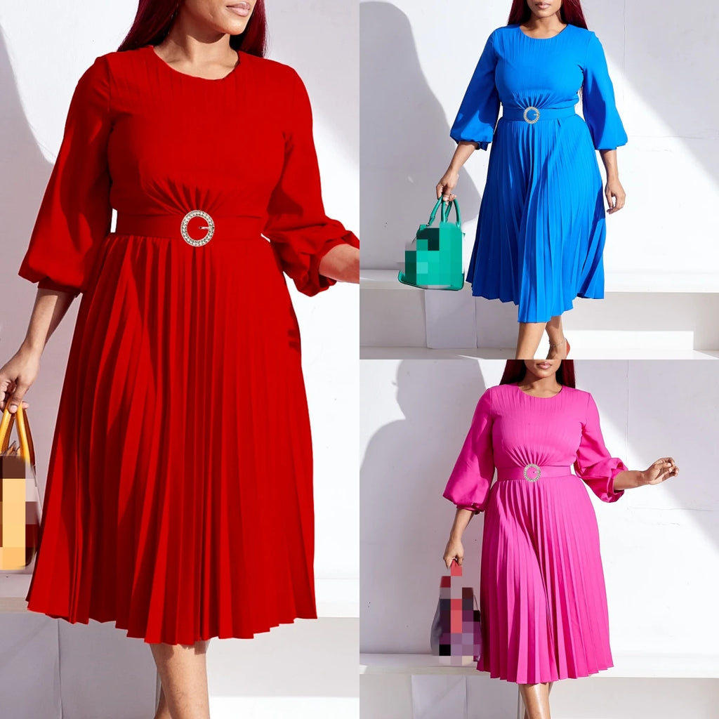 Loose Pleated O-Neck Fall Dress