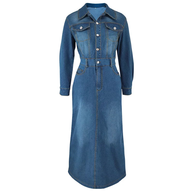 Y218616 Trendy Plus Size Jeans Dresses Women Casual Lapel Long Sleeve Button Slit Denim Dresses for Women Maxi Dress Ladies