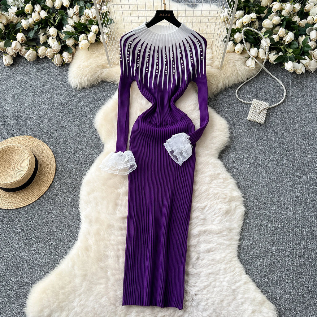 Spring Roman Slim Casual Midi Dress For Women Empire Patchwork Contrast Color Beaded Lace Dress
