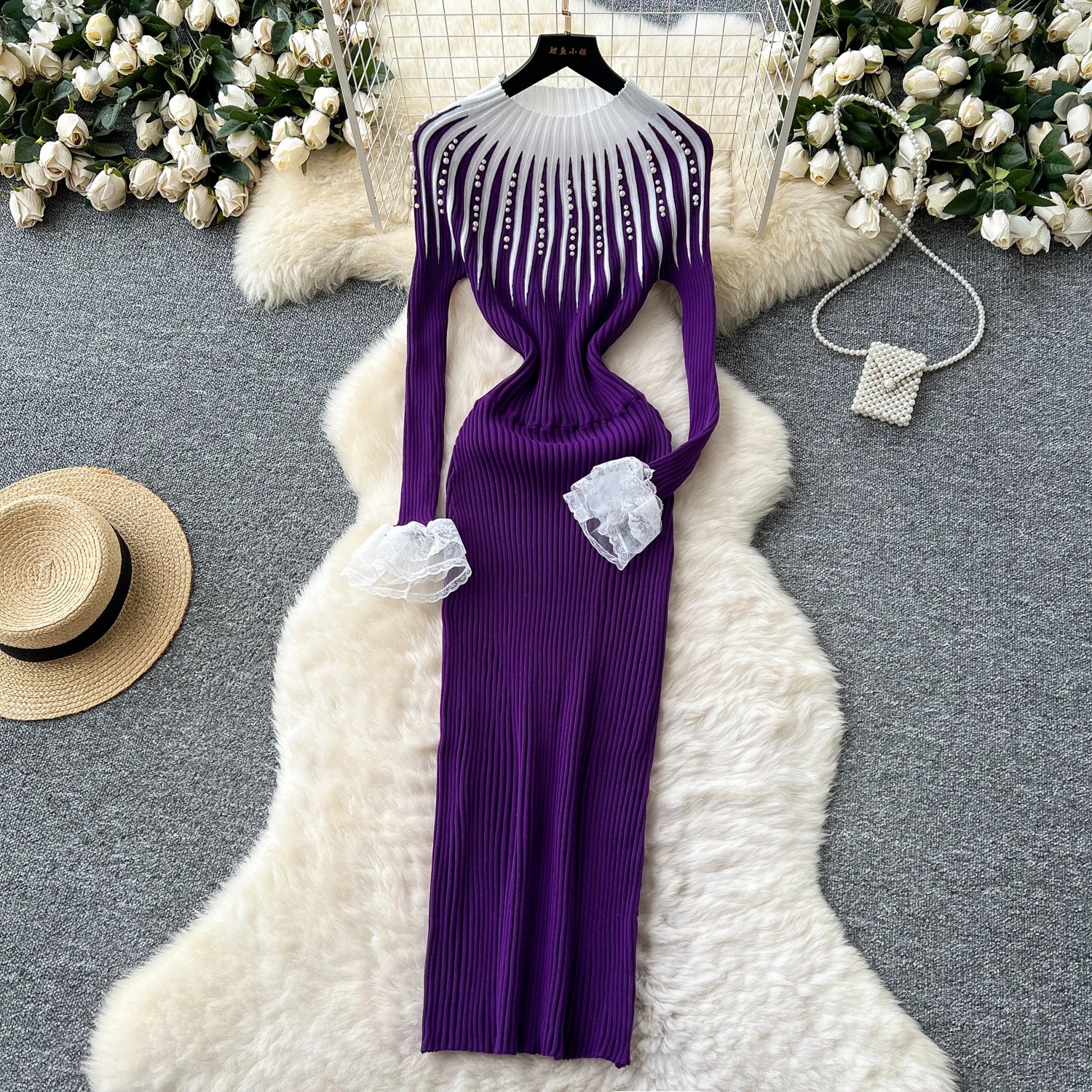 Spring Roman Slim Casual Midi Dress For Women Empire Patchwork Contrast Color Beaded Lace Dress