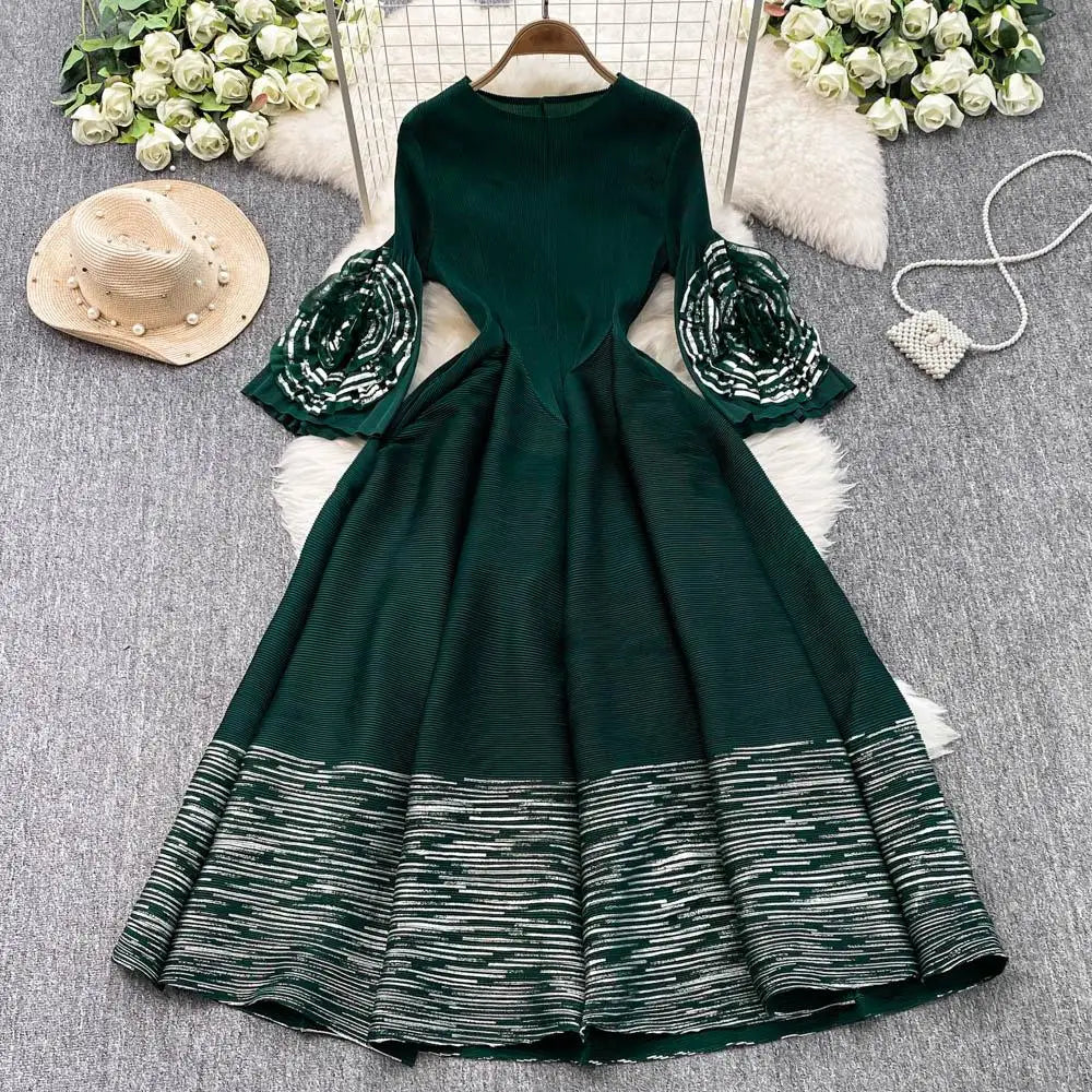 O-Neck Pleated Midi Dress For Women Flare Sleeve Empire Lace Vestidos