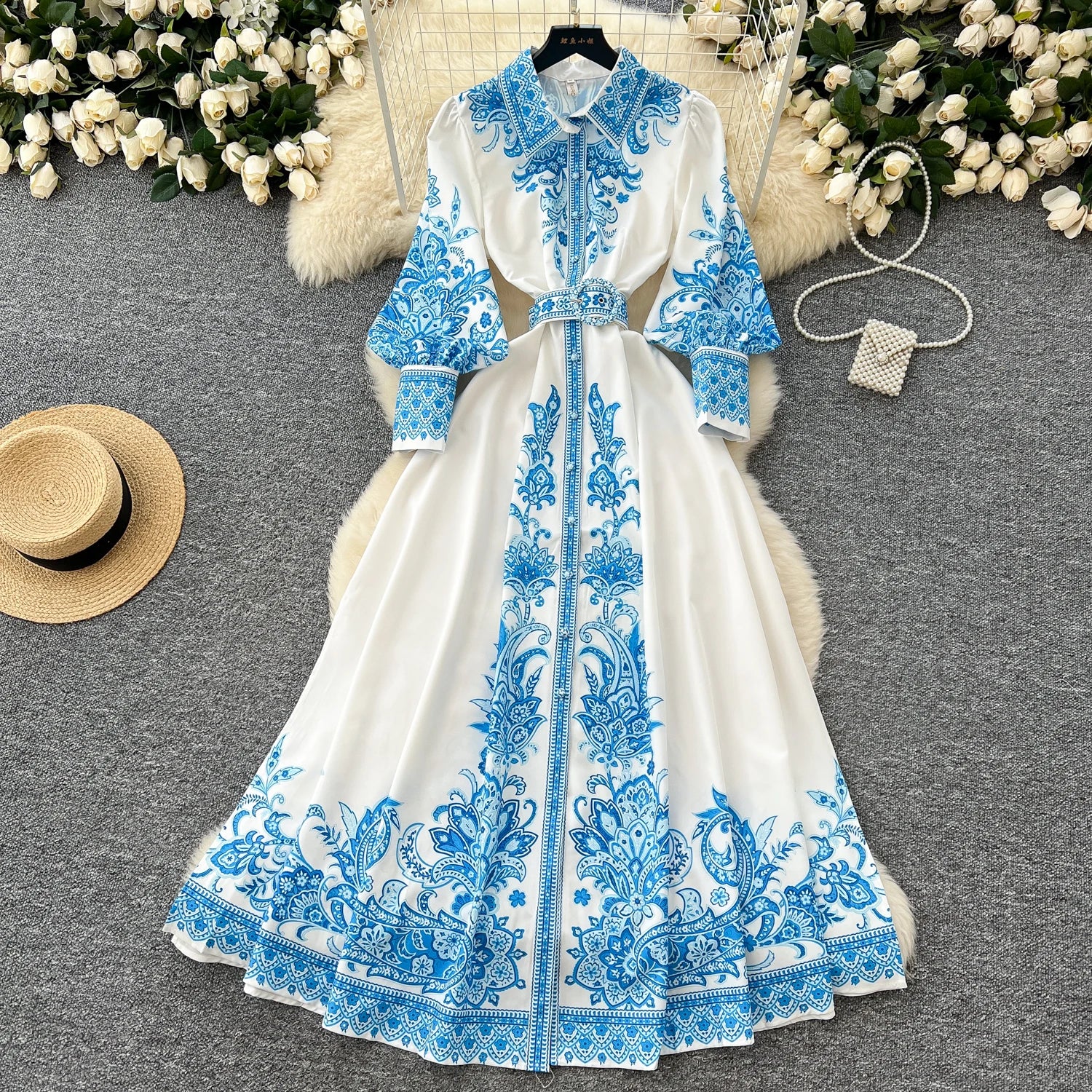 2025 Spring Vacation Turn-down Collar Tunic Casual Midi Dress For Women Lantern Sleeve Empire Printed Lace Dress