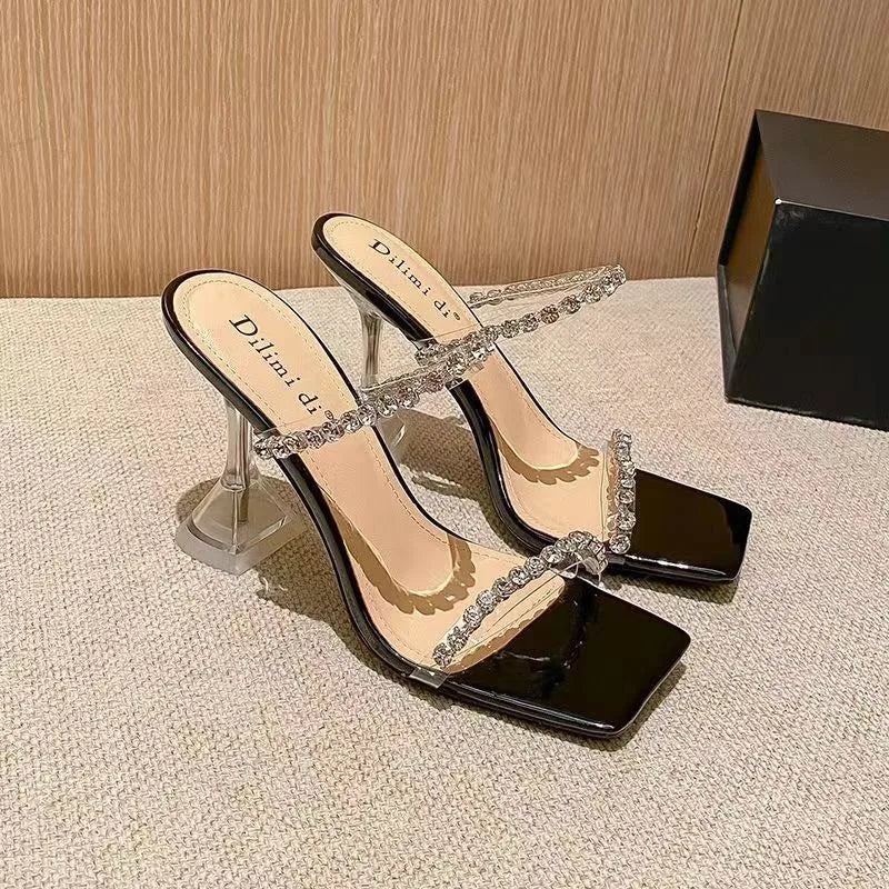 New Summer Western Style European and American Wind Metal Chain Lag Slipper High-heeled Sandals Female Mature Sexy Women Shoes