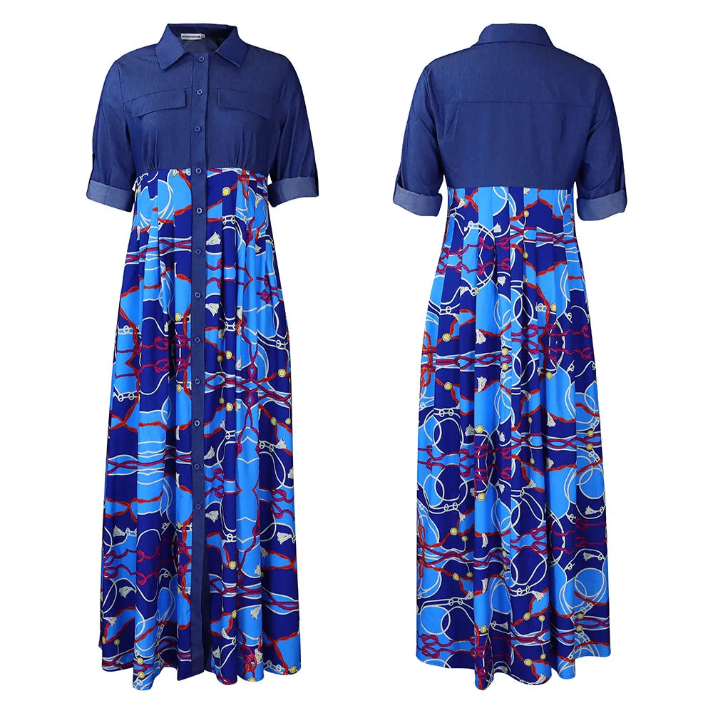 Spring Elegent Denim Collar Patchwork Vintage Patterns High Waist Long Casual Swing Plus Size Flared Shirt Maxi Dress for Women