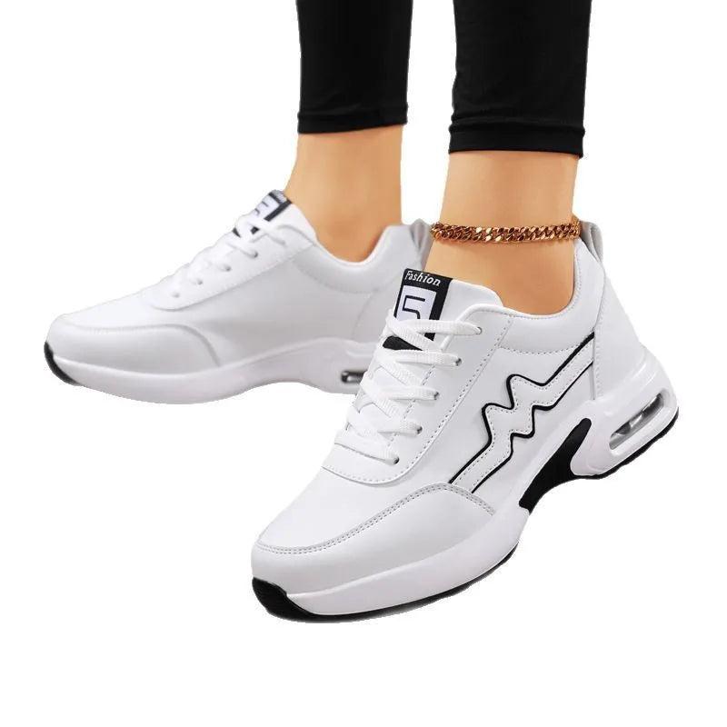 Factory Wholesale Women's White Faux Leather Casual Sneakers - Air Cushion Thick Sole Fashion Sports Shoes