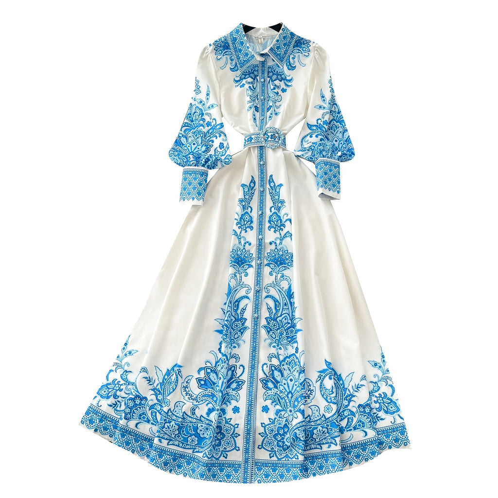2025 Spring Vacation Turn-down Collar Tunic Casual Midi Dress For Women Lantern Sleeve Empire Printed Lace Dress