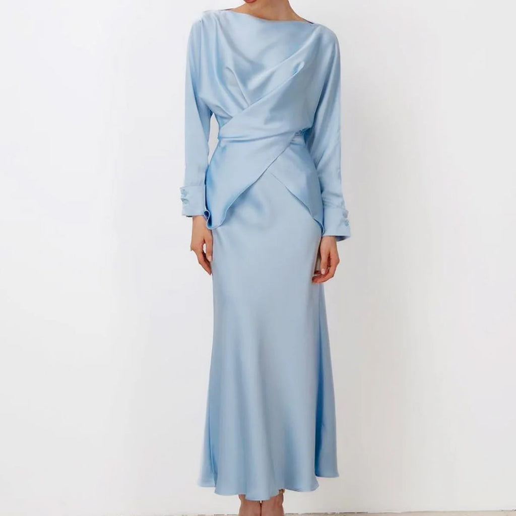Enyami Fashion Women's 2 Pieces Satin Full Length Ladies Elegant Women Abaya Dubai O Neck Long Sleeve Maxi Skirt Set
