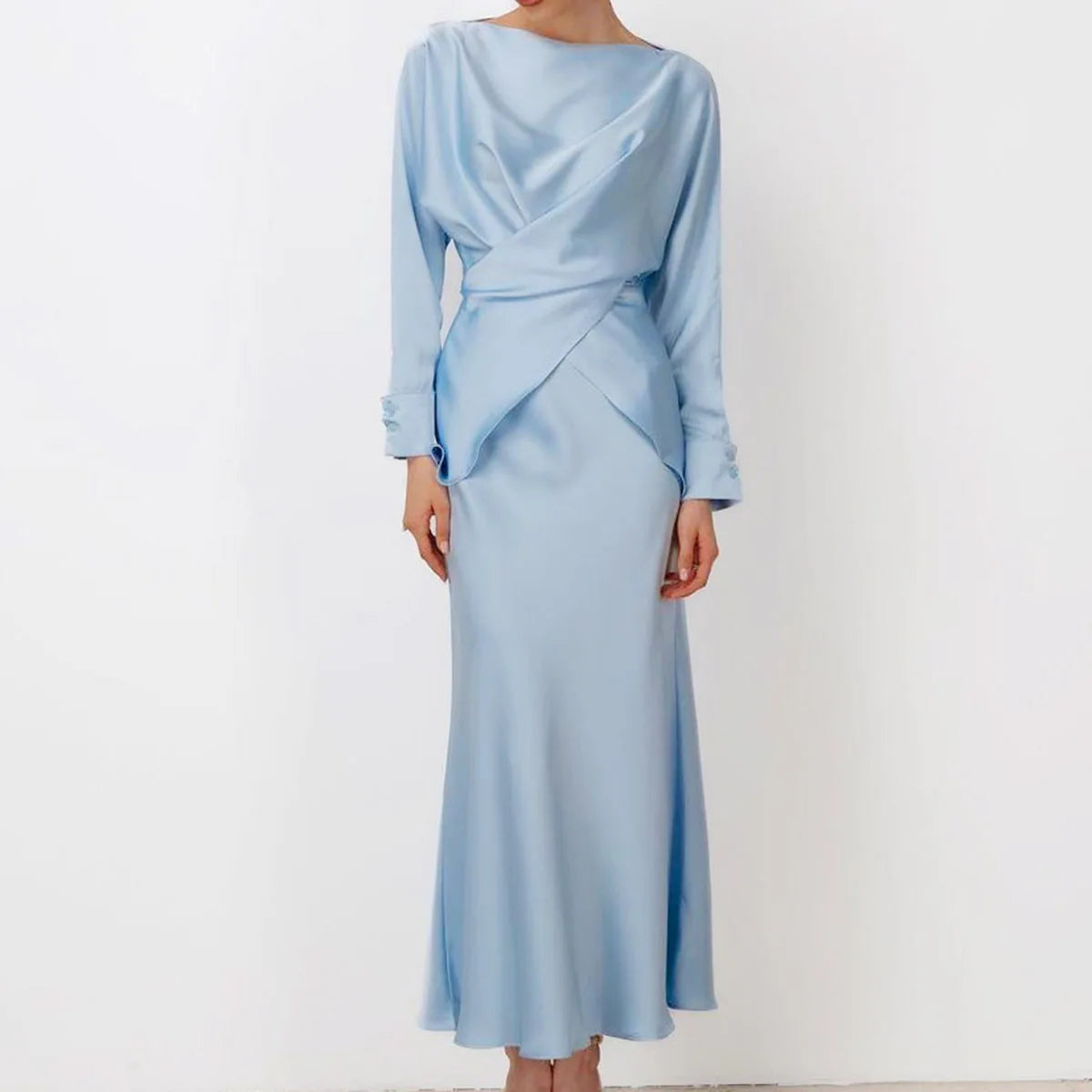 Enyami Fashion Women's 2 Pieces Satin Full Length Ladies Elegant Women Abaya Dubai O Neck Long Sleeve Maxi Skirt Set