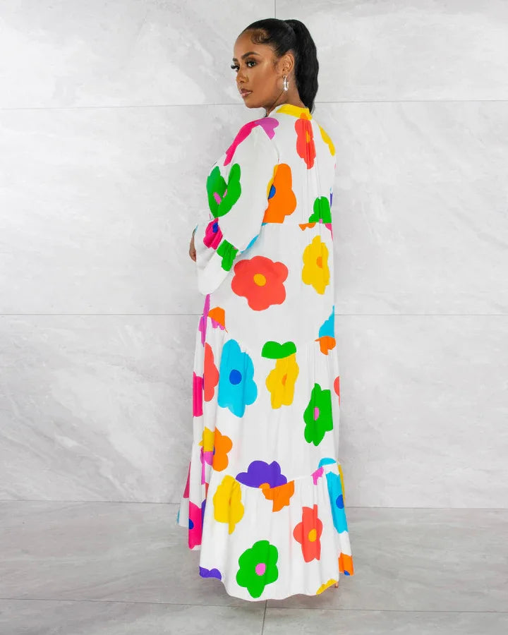 New Arrival Fall Dress Plus Size Floral Print Loose Long Sleeve Maxi Dress for Women