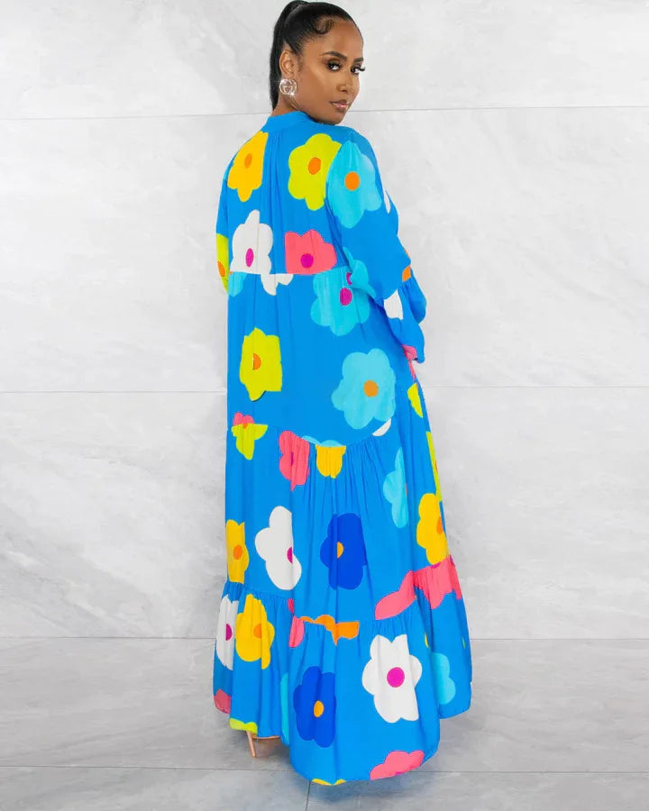 New Arrival Fall Dress Plus Size Floral Print Loose Long Sleeve Maxi Dress for Women