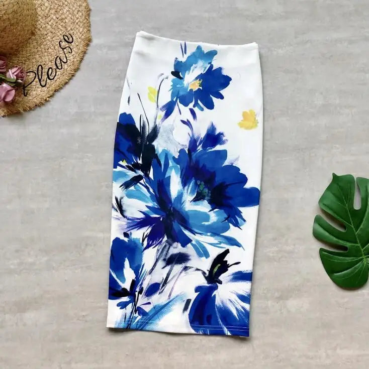 Fashion Midi Skirt For Women Flora Printed High Waist Pencil Skirt Female Causal Flower Bodycon Skirt With Slit