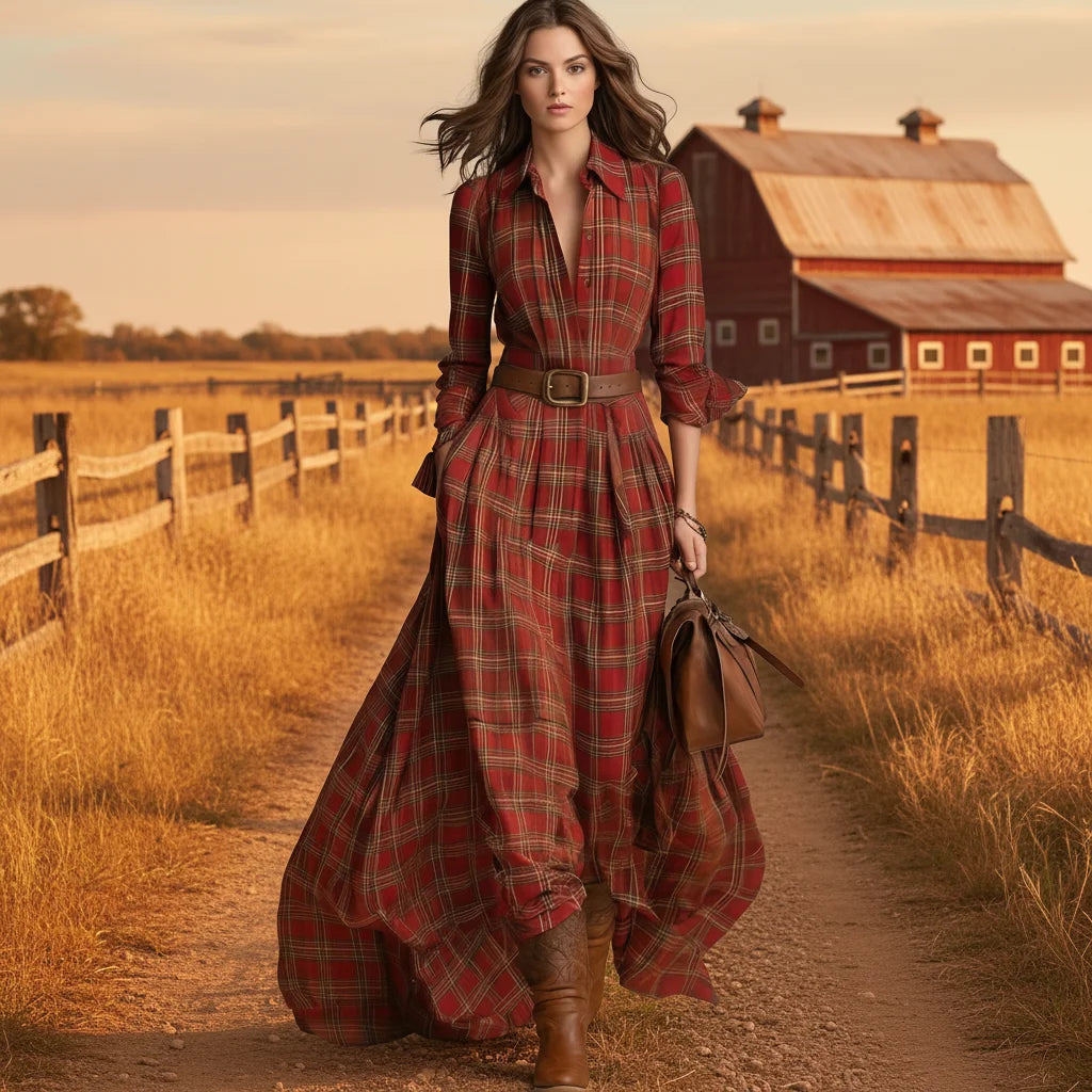 Autumn Vintage High Waist Maxi Dress Red Plaid A-Line Casual Breathable Washable Anti-Static Long Sleeve Lining Boho