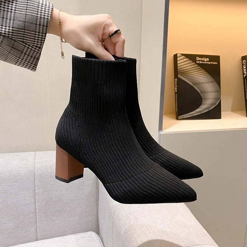 Stretch Faux Suede Pointed Toe Ankle Boots
