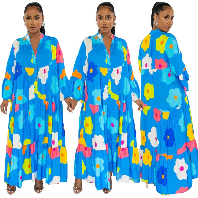 New Arrival Fall Dress Plus Size Floral Print Loose Long Sleeve Maxi Dress for Women
