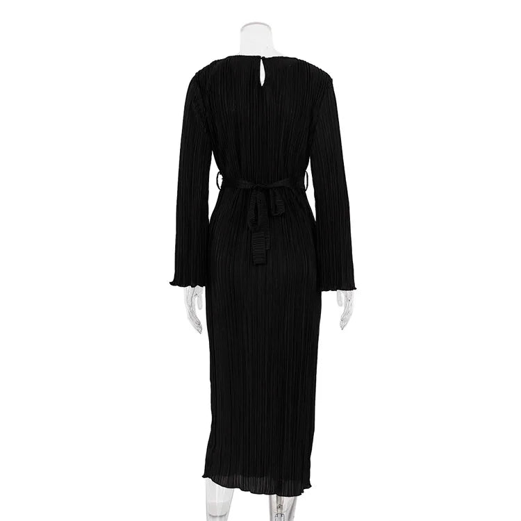 Enyami Boutique Elegance Fall Winter Flare Sleeve Pleated Lace-up Basic Robe Plisse Casual Elegant Chic Women Dress